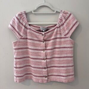 Texture & Thread Madewell Top Striped Button Front Short Sleeve Pink Large